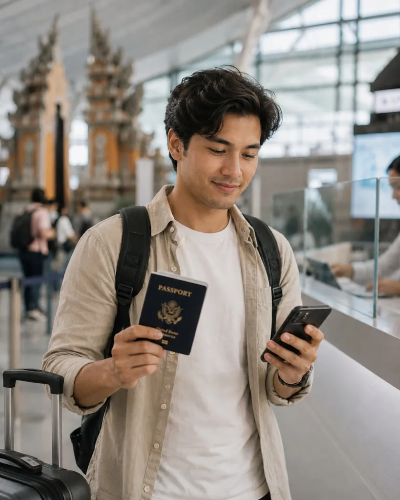 Man checking entry requirements on phone at airport