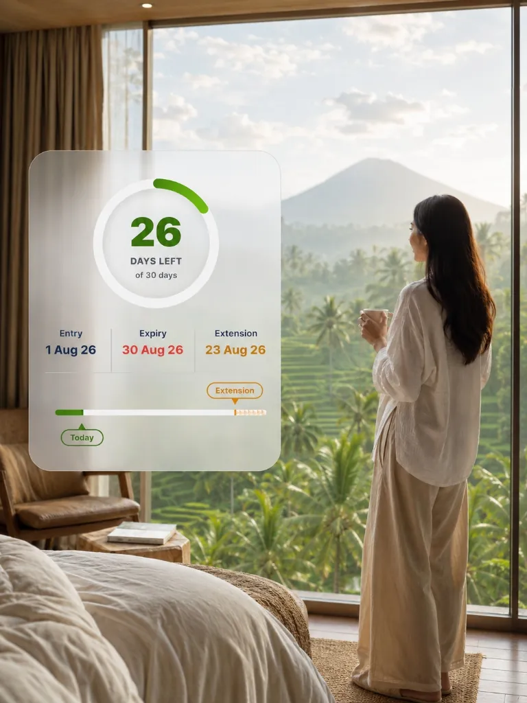 Woman looking out window with stay tracker UI overlay